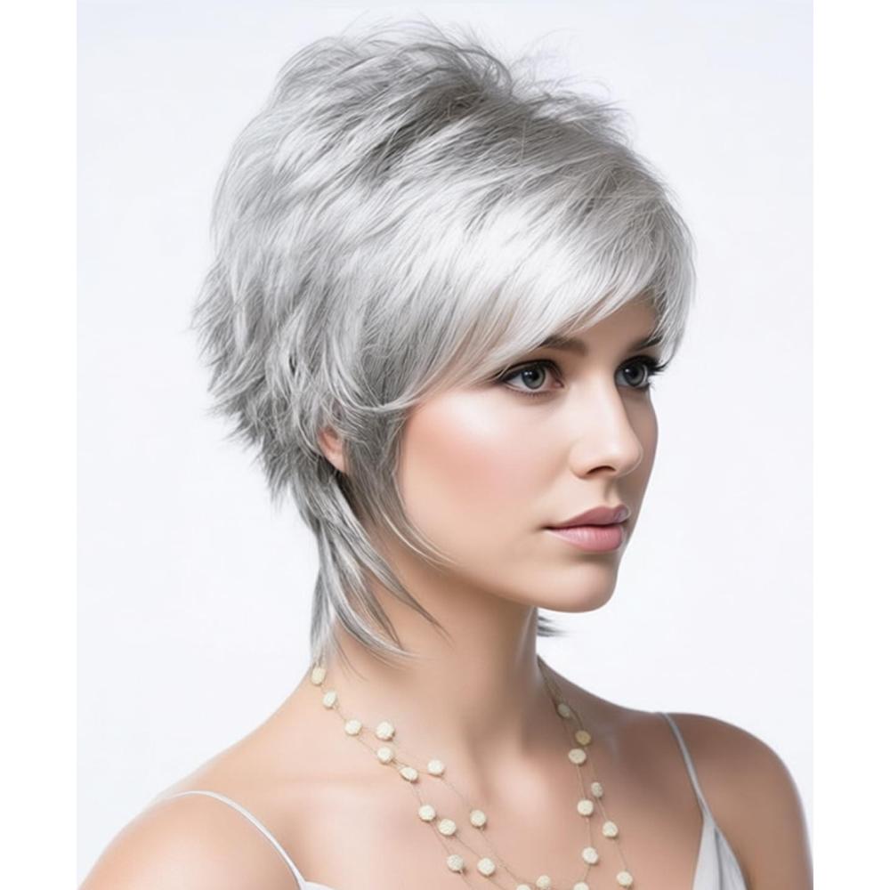 imageSEVENCOLORS Short Grey Wigs for Women Lace Front Silver Gray Short Wavy Bob Wigs Natural Hair Synthetic Wigs for Older White WomenGray Pixie Cut