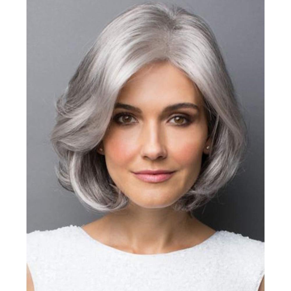 imageSEVENCOLORS Short Grey Wigs for Women Lace Front Silver Gray Short Wavy Bob Wigs Natural Hair Synthetic Wigs for Older White WomenGrey silver bob