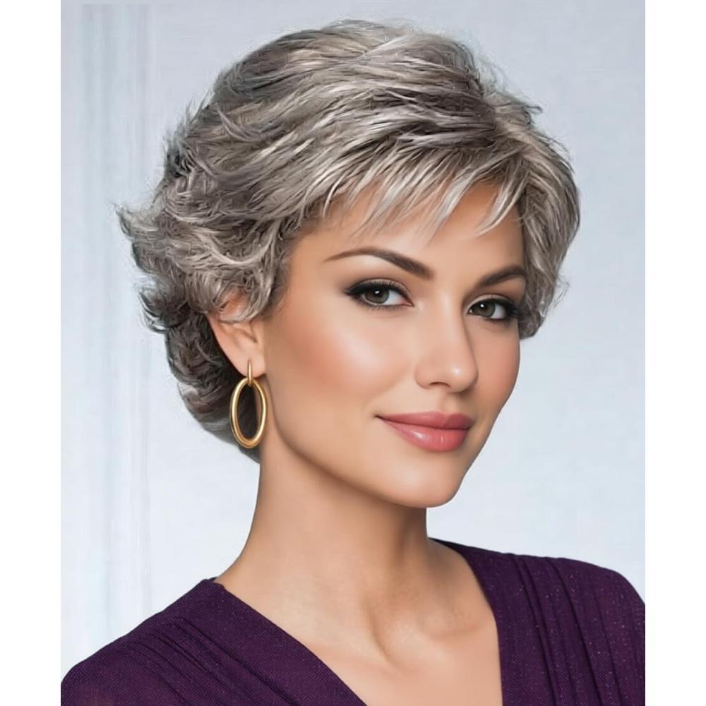 imageSEVENCOLORS Short Grey Wigs for Women Lace Front Silver Gray Short Wavy Bob Wigs Natural Hair Synthetic Wigs for Older White WomenMixed dark grey