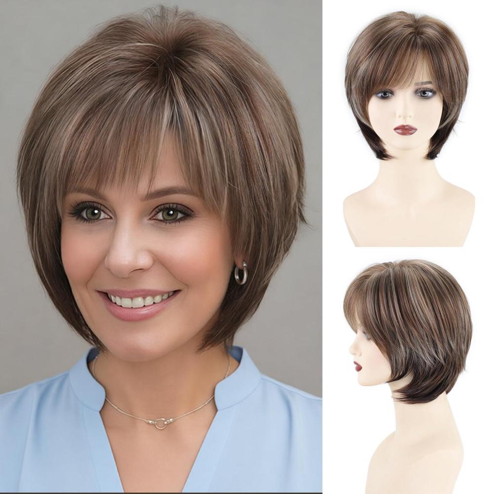 imageSEVENCOLORS Short Mixed Brown Wigs for White Women Natural Layered Short Hair Wigs with Bangs Synthetic Pixie Wig with Blonde Highlights