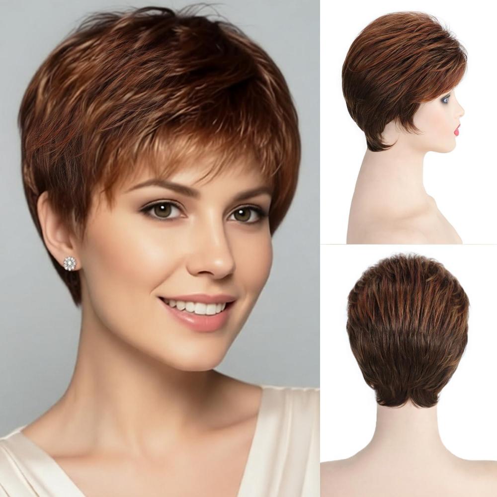 imageSEVENCOLORS Short Pixie Wigs for Women Layered Natural Looking Dark Brown Wig with Grey Highlights Synthetic Short Hair Womens WigsAuburn