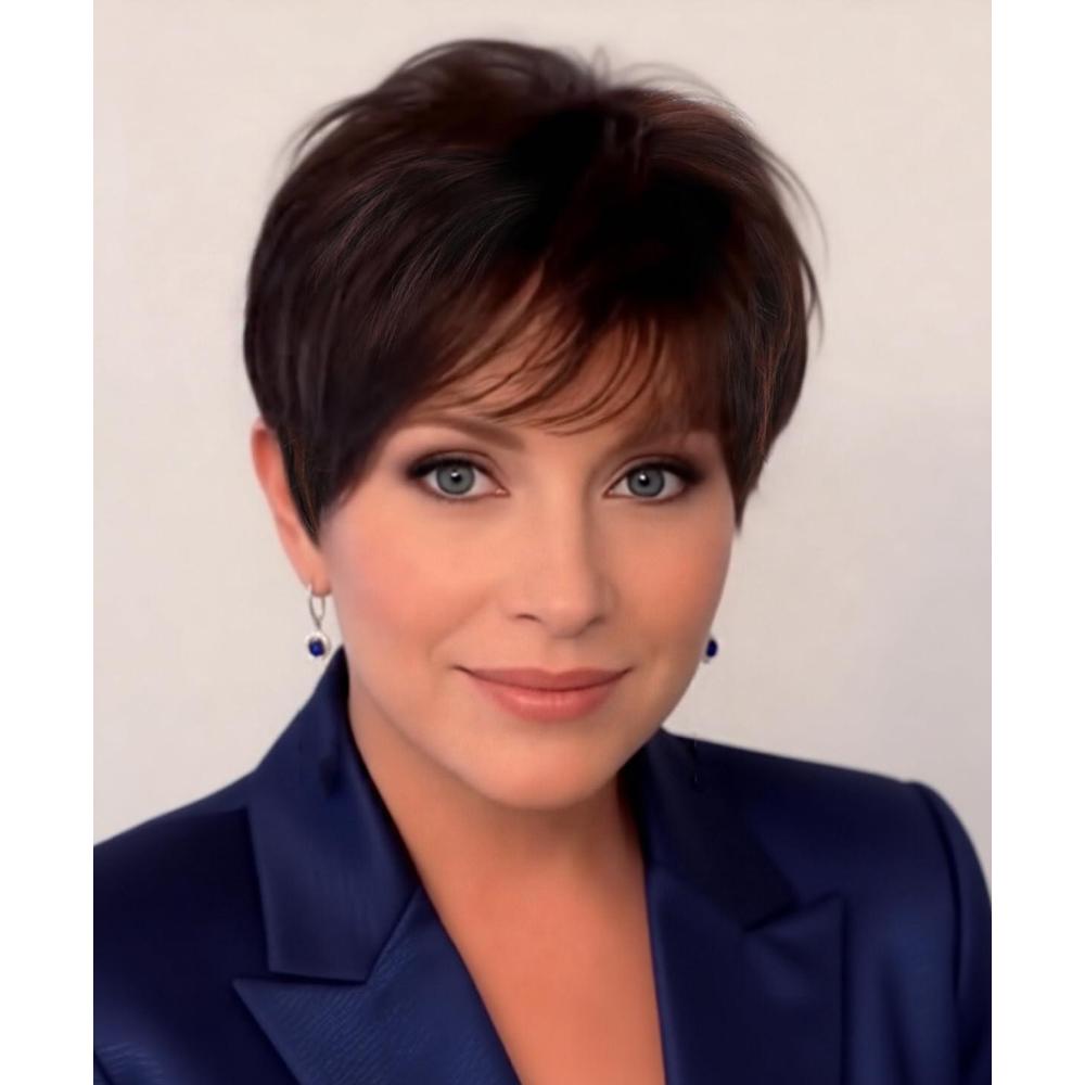 imageSEVENCOLORS Short Pixie Wigs for Women Layered Natural Looking Dark Brown Wig with Grey Highlights Synthetic Short Hair Womens WigsDark brown