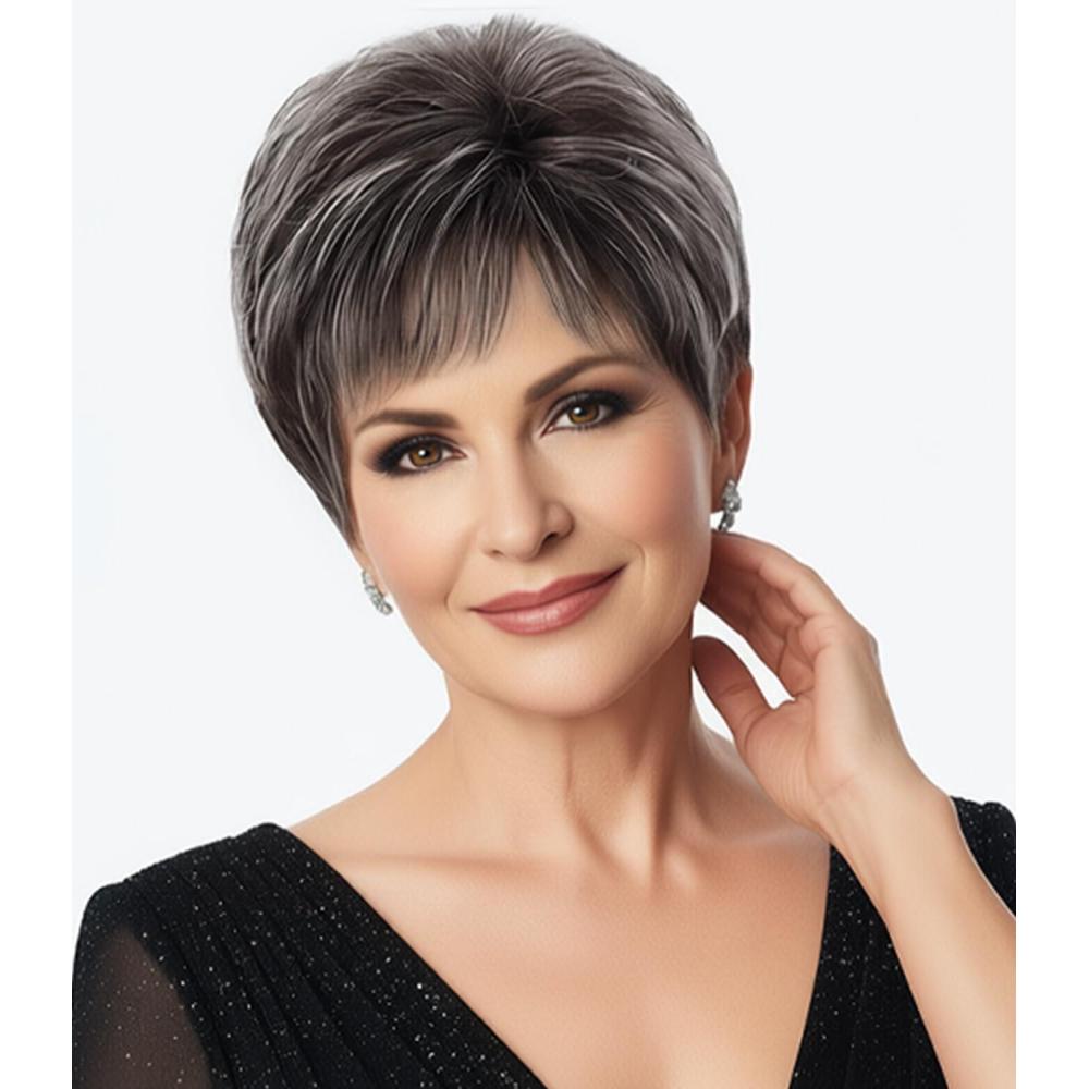 imageSEVENCOLORS Short Pixie Wigs for Women Layered Natural Looking Dark Brown Wig with Grey Highlights Synthetic Short Hair Womens WigsDark brown mix grey