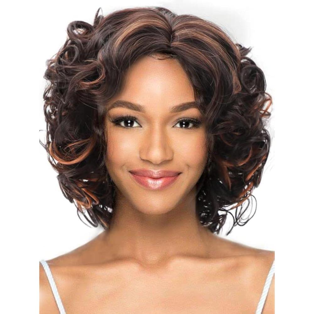 imageSEVENCOLORS Wigs for Black Women Afro Short Curly Bob Wigs Synthetic Hair African American Wig Natural Looking Glueless Big Curly WigsBrown Mixed BlondeBrown mixed blonde