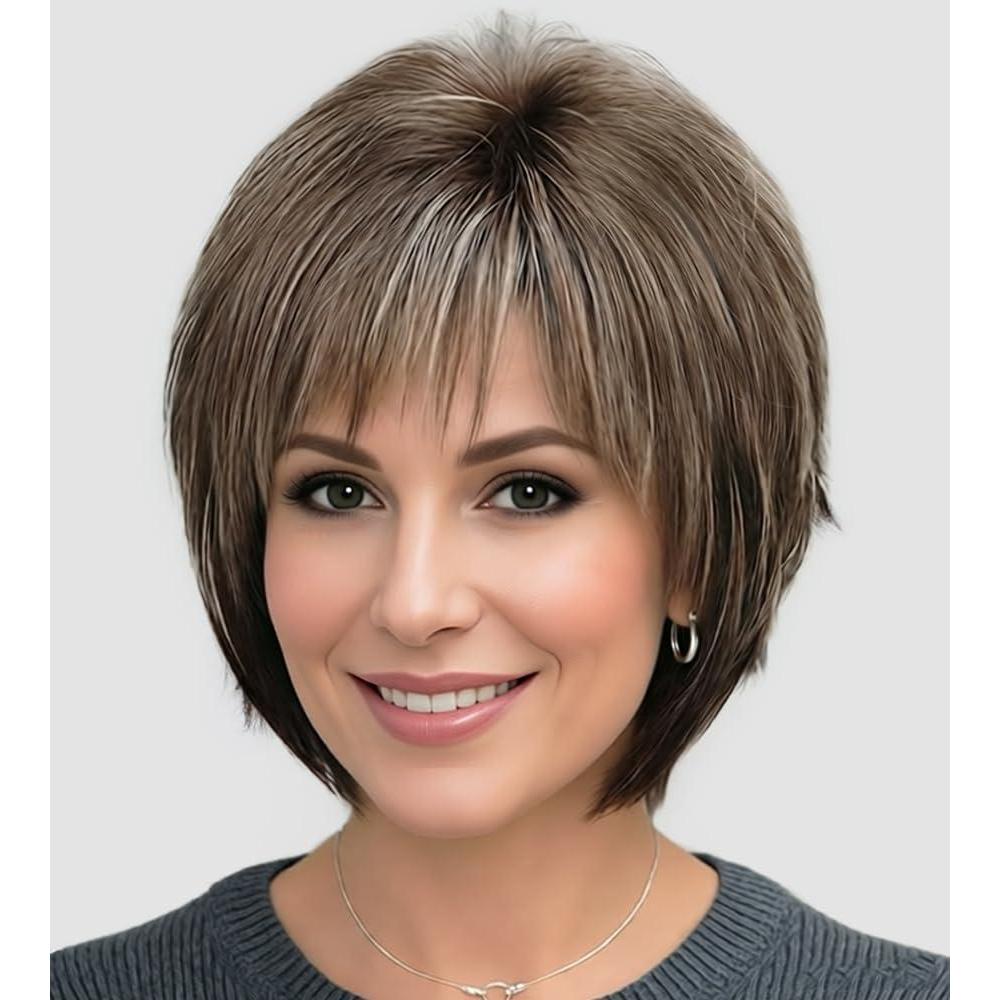 imageShort Mixed Brown Wigs with Dark Roots Natural Layered Short Hair Wigs for White Women Synthetic Blonde Highlights WigsBrown mixed blonde