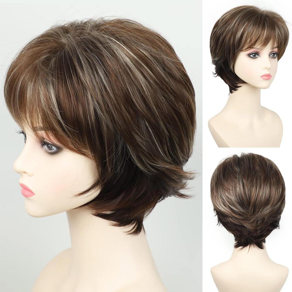 imageShort Mixed Brown Wigs with Dark Roots Natural Layered Short Hair Wigs for White Women Synthetic Blonde Highlights WigsBrown with highlights