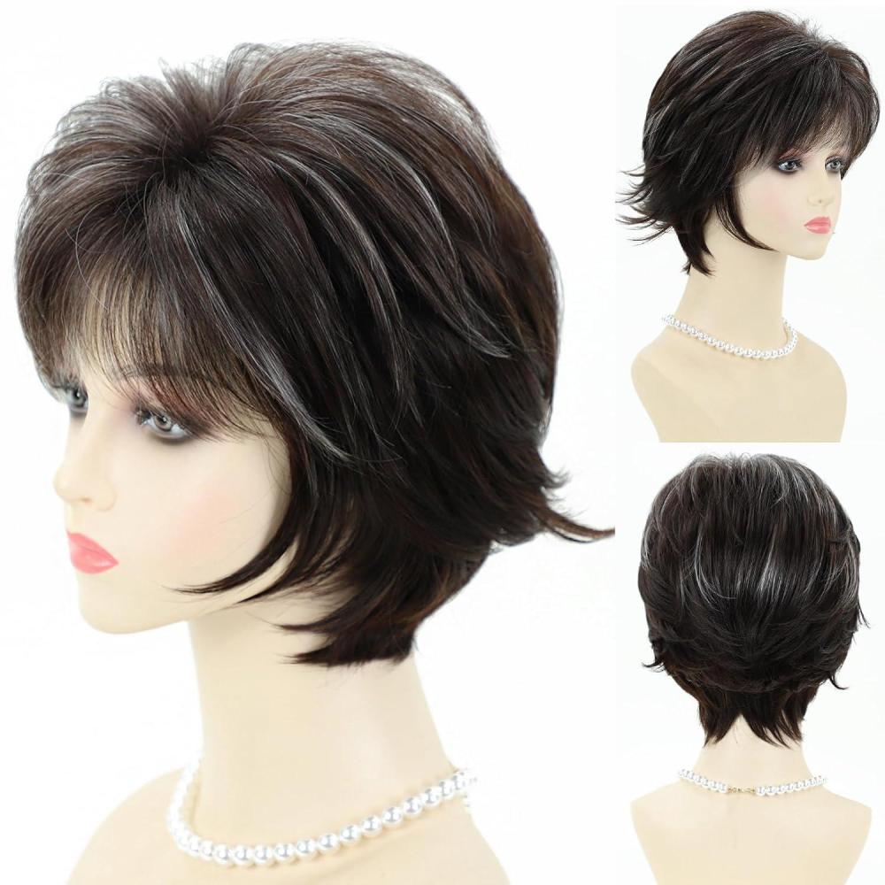 imageShort Mixed Brown Wigs with Dark Roots Natural Layered Short Hair Wigs for White Women Synthetic Blonde Highlights WigsDark brown with highlight