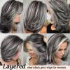 SEVENCOLORS Dark Grey Layered Wigs for Women Medium Length Gray Mixed Silver Wig with Curtain Bangs Synthetic Hair Short Wavy Bob Wigs(Mixed dark grey)