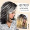SEVENCOLORS Dark Grey Layered Wigs for Women Medium Length Gray Mixed Silver Wig with Curtain Bangs Synthetic Hair Short Wavy Bob Wigs(Mixed dark grey)