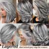 SEVENCOLORS Dark Grey Layered Wigs for Women Medium Length Gray Mixed Silver Wig with Curtain Bangs Synthetic Hair Short Wavy Bob Wigs(Mixed silver)