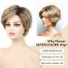 SEVENCOLORS Short Blonde Wigs for White Women Layered Wavy Pixie Cut Wig with Bangs Synthetic Hair Blond Highlights Wigs Natural Looking