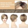 SEVENCOLORS Short Blonde Wigs for White Women Layered Wavy Pixie Cut Wig with Bangs Synthetic Hair Blond Highlights Wigs Natural Looking