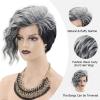 SEVENCOLORS Short Brown Curly Wigs for Black Women Pixie Cut Bob Wigs Synthetic Hair Short Wavy Wigs with Bangs Asymmetrical Brown and Black Wig(Grey mixed black)