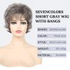SEVENCOLORS Short Grey Wigs for Women Lace Front Silver Gray Short Wavy Bob Wigs Natural Hair Synthetic Wigs for Older White Women(Mixed dark grey)