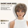 Short Mixed Brown Wigs with Dark Roots Natural Layered Short Hair Wigs for White Women Synthetic Blonde Highlights Wigs(Brown mixed blonde)