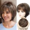 Short Mixed Brown Wigs with Dark Roots Natural Layered Short Hair Wigs for White Women Synthetic Blonde Highlights Wigs(Brown with highlights)