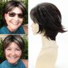 Short Mixed Brown Wigs with Dark Roots Natural Layered Short Hair Wigs for White Women Synthetic Blonde Highlights Wigs(Dark brown with highlight)