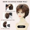 Short Mixed Brown Wigs with Dark Roots Natural Layered Short Hair Wigs for White Women Synthetic Blonde Highlights Wigs(Mixed brown with dark roots)