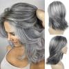 SEVENCOLORS Dark Grey Layered Wigs for Women Medium Length Gray Mixed Silver Wig with Curtain Bangs Synthetic Hair Short Wavy Bob Wigs(Mixed silver)