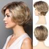 SEVENCOLORS Short Blonde Wigs for White Women Layered Wavy Pixie Cut Wig with Bangs Synthetic Hair Blond Highlights Wigs Natural Looking