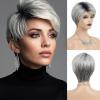 SEVENCOLORS Short Blonde Wigs for White Women Synthetic Hair Mixed Brown Wigs with Bangs Natural Layered Pixie Cut Wig for Women(short ombre gray wig)