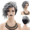 SEVENCOLORS Short Brown Curly Wigs for Black Women Pixie Cut Bob Wigs Synthetic Hair Short Wavy Wigs with Bangs Asymmetrical Brown and Black Wig(Grey mixed black)