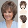 SEVENCOLORS Short Mixed Brown Wigs for White Women Natural Layered Short Hair Wigs with Bangs Synthetic Pixie Wig with Blonde Highlights