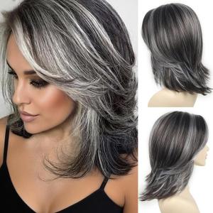 SEVENCOLORS Dark Grey Layered Wigs for Women Medium Length Gray Mixed Silver Wig with Curtain Bangs Synthetic Hair Short Wavy Bob Wigs(Mixed dark grey)