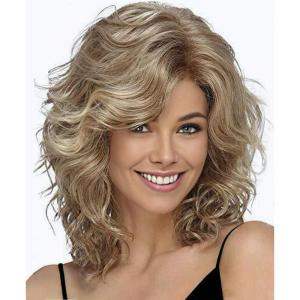 SEVENCOLORS Long Black Wavy Wigs for Women Natural Soft Hair Black Wig with Bangs Synthetic Fluffy Curly Wigs for Daily Party Cosplay(Blonde)