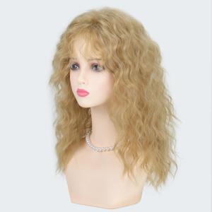 SEVENCOLORS Long Black Wavy Wigs for Women Natural Soft Hair Black Wig with Bangs Synthetic Fluffy Curly Wigs for Daily Party Cosplay(Light blonde)