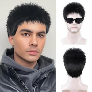 SEVENCOLORS Mens Wig Short Auburn Wigs for Men Natural Layered Reddish Synthetic Wigs Daily Cosplay Costume Buzz Cut Male Wig(Black)