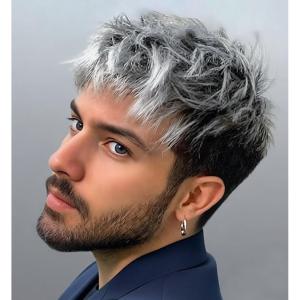 SEVENCOLORS Mens Wig Short Auburn Wigs for Men Natural Layered Reddish Synthetic Wigs Daily Cosplay Costume Buzz Cut Male Wig(Mixed gray)