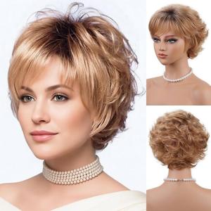 SEVENCOLORS Short Blonde Curly Wigs for White Women Natural Looking Blonde Wavy Wigs with Dark Roots Synthetic Hair Short Womens Wig(Ombre blonde)