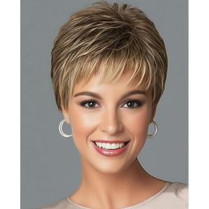 SEVENCOLORS Short Blonde Wigs for White Women Synthetic Hair Mixed Brown Wigs with Bangs Natural Layered Pixie Cut Wig for Women(Brown mixed blonde)