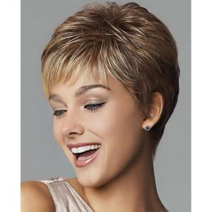 SEVENCOLORS Short Blonde Wigs for White Women Synthetic Hair Mixed Brown Wigs with Bangs Natural Layered Pixie Cut Wig for Women(Brown with highlights)