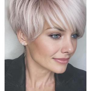 SEVENCOLORS Short Blonde Wigs for White Women Synthetic Hair Mixed Brown Wigs with Bangs Natural Layered Pixie Cut Wig for Women(Light pink mixed blonde)
