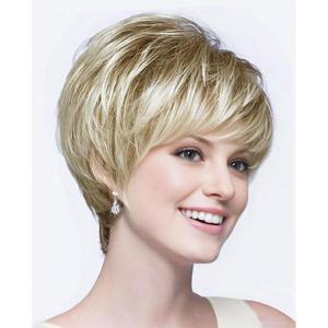 SEVENCOLORS Short Blonde Wigs for White Women Synthetic Hair Mixed Brown Wigs with Bangs Natural Layered Pixie Cut Wig for Women(Mixed blonde)