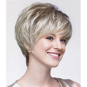 SEVENCOLORS Short Blonde Wigs for White Women Synthetic Hair Mixed Brown Wigs with Bangs Natural Layered Pixie Cut Wig for Women(Mixed light blonde)