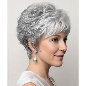 SEVENCOLORS Short Blonde Wigs for White Women Synthetic Hair Mixed Brown Wigs with Bangs Natural Layered Pixie Cut Wig for Women(gray curly pixie wig)