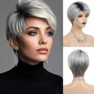 SEVENCOLORS Short Blonde Wigs for White Women Synthetic Hair Mixed Brown Wigs with Bangs Natural Layered Pixie Cut Wig for Women(short ombre gray wig)