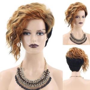 SEVENCOLORS Short Brown Curly Wigs for Black Women Pixie Cut Bob Wigs Synthetic Hair Short Wavy Wigs with Bangs Asymmetrical Brown and Black Wig(Blonde mixed black)
