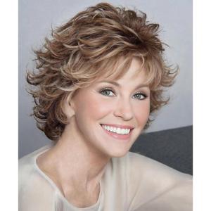 SEVENCOLORS Short Brown Mixed Blonde Wigs for White Women Layered Natural Dark Brown Pixie Wig with Highlights Synthetic Hair Womens Wigs(Mixed blonde)