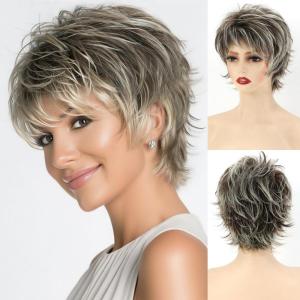 SEVENCOLORS Short Brown Mixed Blonde Wigs for White Women Layered Natural Dark Brown Pixie Wig with Highlights Synthetic Hair Womens Wigs(Mixed brown)