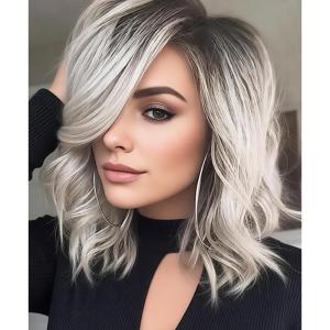 SEVENCOLORS Short Grey Wavy Wigs for White Women Ombre Silver Bob Wig with Dark Roots Synthetic Hair Natural Looking Gray White Wigs(Silver grey)
