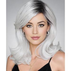 SEVENCOLORS Short Grey Wavy Wigs for White Women Ombre Silver Bob Wig with Dark Roots Synthetic Hair Natural Looking Gray White Wigs(white grey)