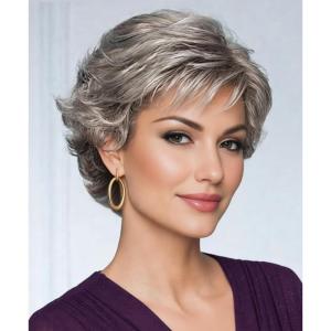 SEVENCOLORS Short Grey Wigs for Women Lace Front Silver Gray Short Wavy Bob Wigs Natural Hair Synthetic Wigs for Older White Women(Mixed dark grey)