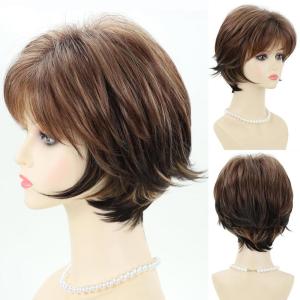 Short Mixed Brown Wigs with Dark Roots Natural Layered Short Hair Wigs for White Women Synthetic Blonde Highlights Wigs(Mixed brown with dark roots)