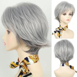 Short Mixed Brown Wigs with Dark Roots Natural Layered Short Hair Wigs for White Women Synthetic Blonde Highlights Wigs(Mixed grey)