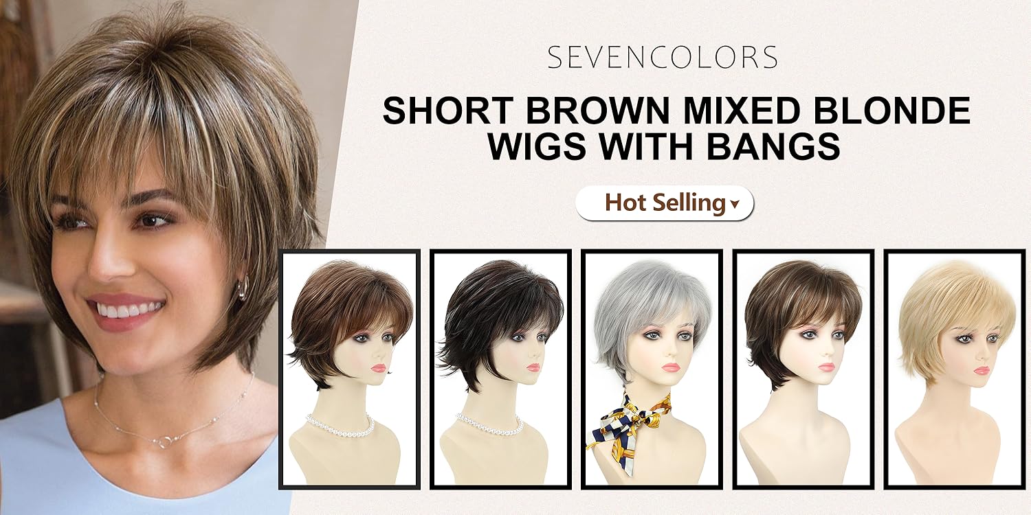SEVENCOLORS Medium Length Strawberry Blonde Wigs for Women Layered Straight Blonde Wigs with Dark Roots Synthetic Hair Wig for Daily Party Cosplay.