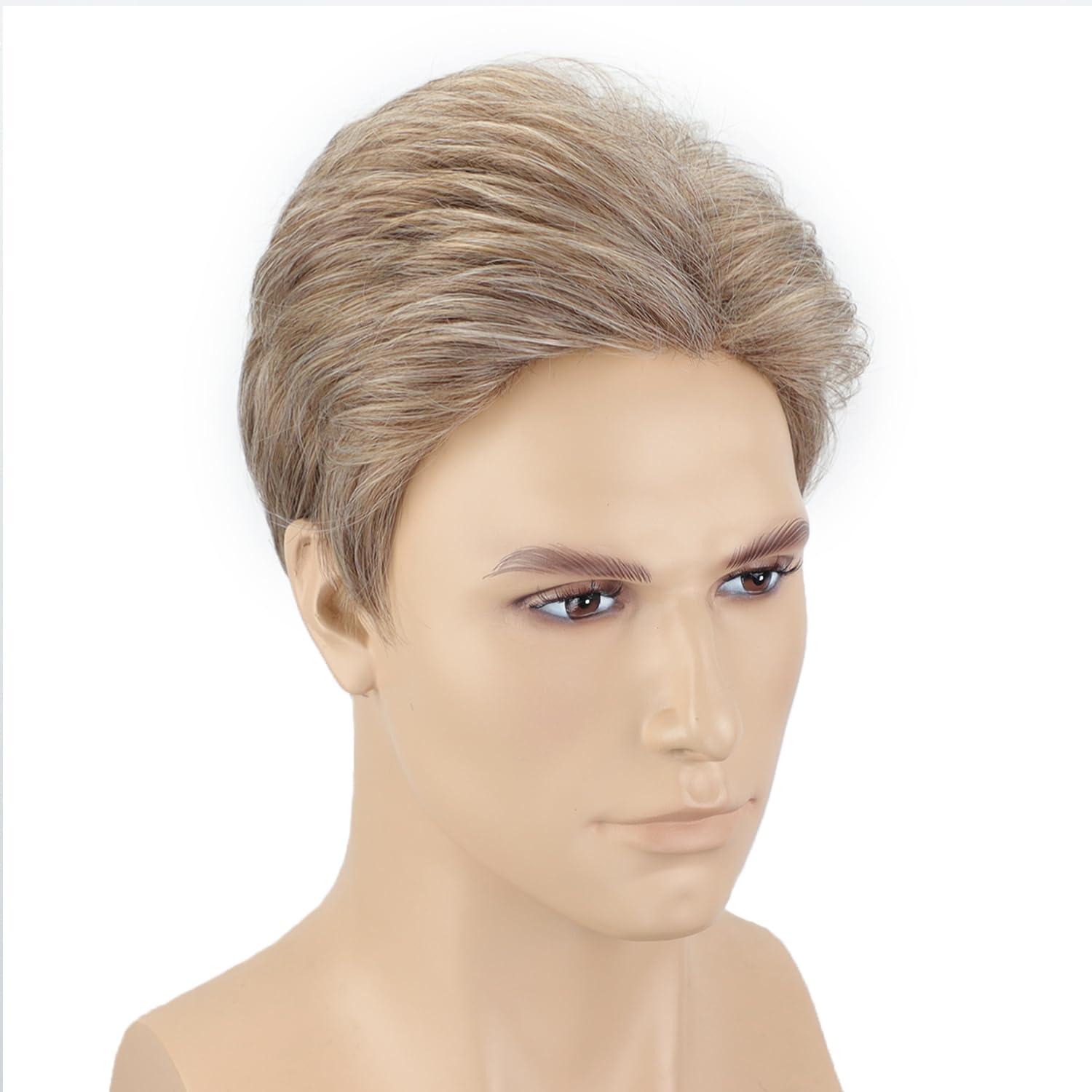 imageSEVENCOLORS Mens Wig Short Natural Mocha Brown Wigs for Male Synthetic Hair Costume Halloween Party SlickedBack Wigs
